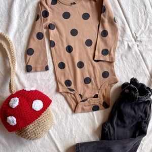 Neutral Carters 12 months tan + black polka dots snap long sleeve bodysuit